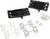 Dwie czarne plastikowe uchwyty, białe i szare spinki kablowe, trzy białe kostki elektryczne i dwie śruby. Akcesoria do instalacji elektrycznych.