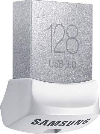Pendrive USB 3.0 firmy Samsung o pojemności 128 GB, w srebrnym designie, kompaktowy i odpowiedni do przesyłania oraz przechowywania danych.