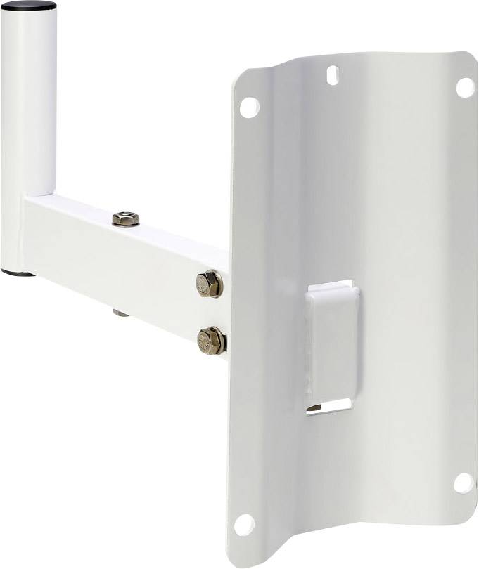 Biały, prostokątny metalowy uchwyt z śrubami, nadający się do montażu ściennego, służący do stabilnego mocowania obiektów.