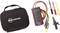 Torba na narzędzia oraz elektryczny miernik napięcia z przewodami i zaciskami, odpowiedni do sprawdzania połączeń elektrycznych.