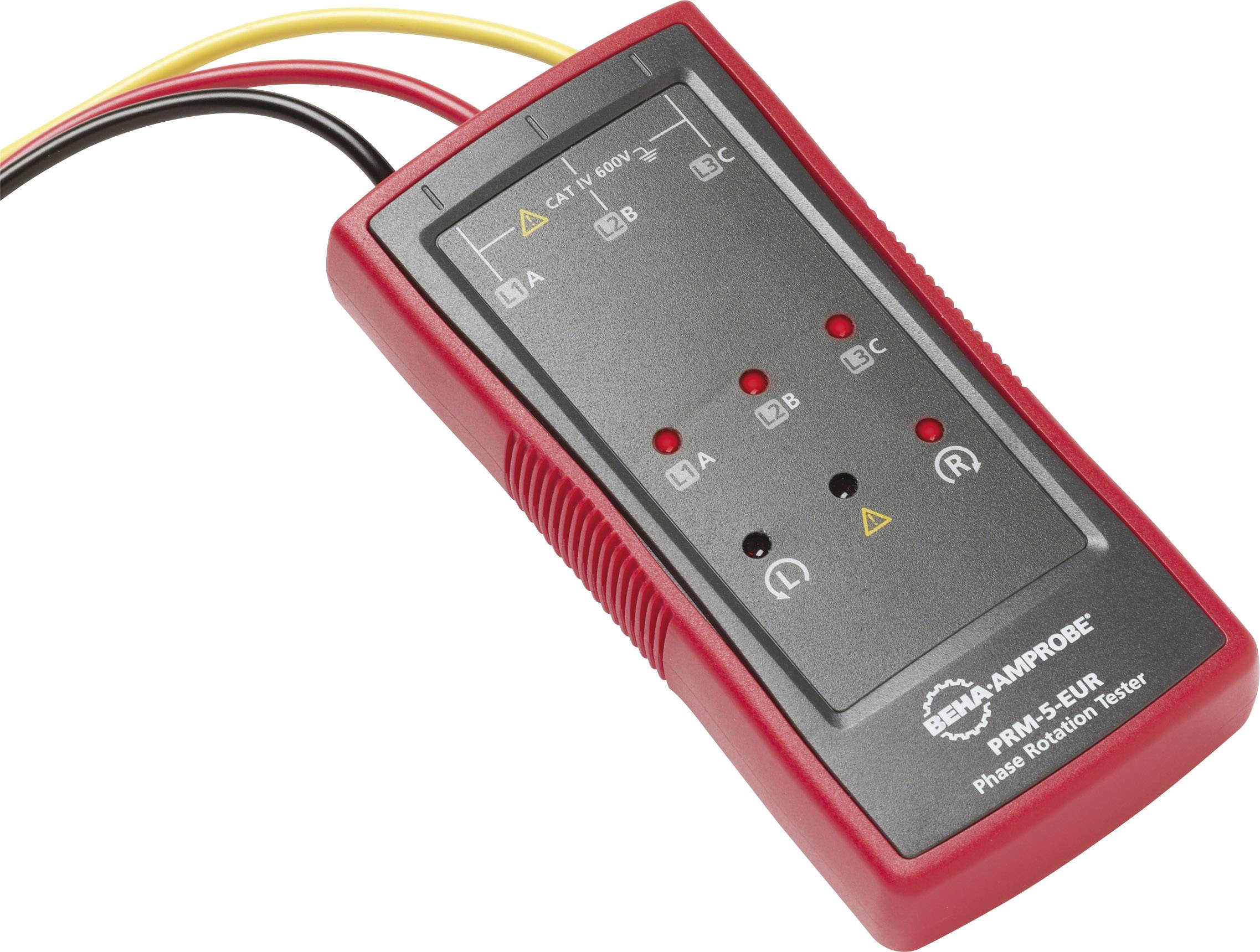 Tester fazowy w czerwonej obudowie z trzema podłączonymi przewodami w kolorach czarnym, żółtym i czerwonym. Wskaźniki i symbole widoczne.