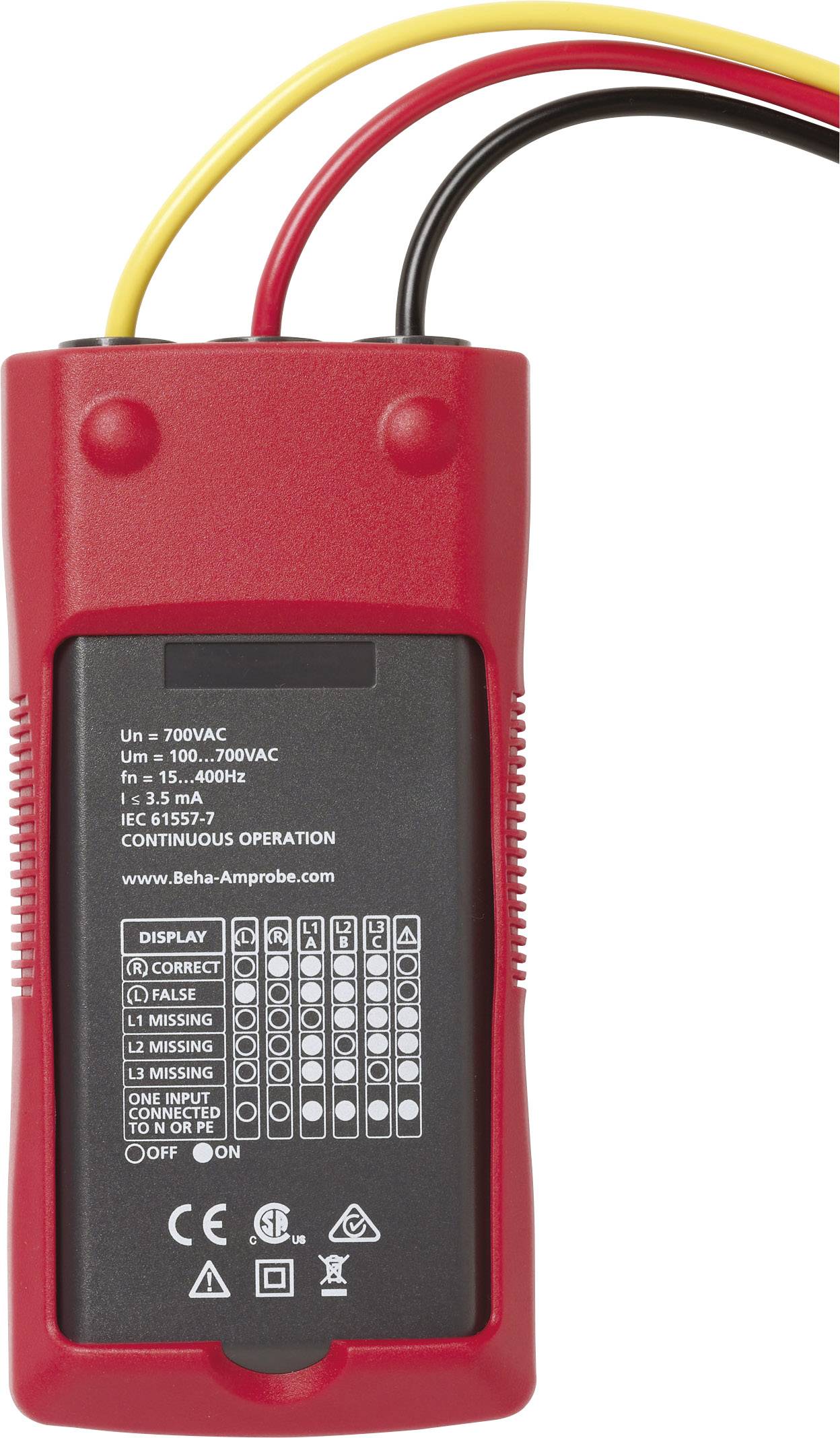 Tester napięcia w czerwonej obudowie posiada różne tryby testowania oraz symboliczne wskaźniki LED po stronie przedniej, informujące o statusie napięcia.