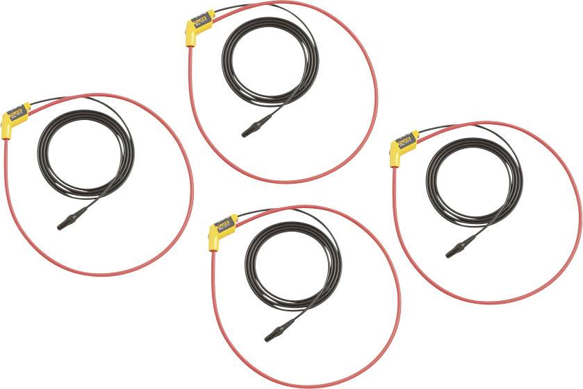 Cztery czerwone elastyczne kable z cęgami prądowymi, z żółtymi końcówkami przyłączeniowymi i czarnymi czujnikami. Nadają się do nieinwazyjnego pomiaru prądu.