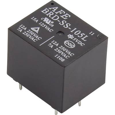 Obraz czarnego, prostokątnego przekaźnika elektronicznego z napisami: AFE BRD-SS-105L, 12A 250VAC, 5VDC.