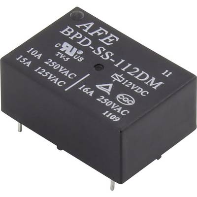 Czarne elektroniczne przekaźnik z napisem 'AFE BPD-SS-112DM'. Prezentuje specyfikacje techniczne i certyfikaty.