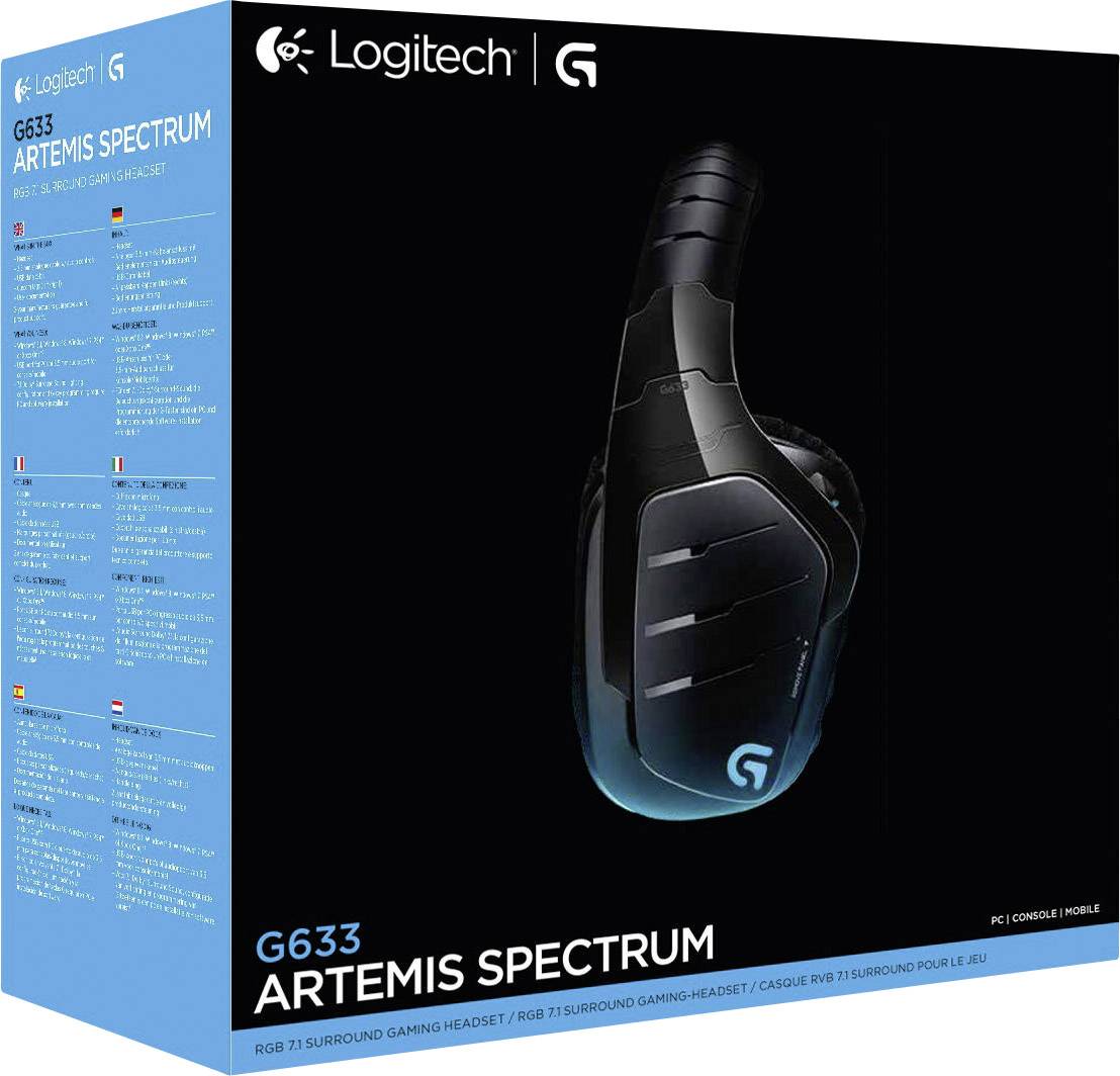 Opakowanie zestawu słuchawkowego Logitech G633 Artemis Spectrum. Prezentuje zdjęcie produktu oraz wymienia funkcje w różnych językach.