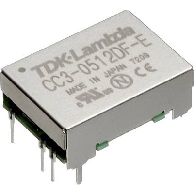 Prostokątny element elektroniczny firmy TDK-Lambda o numerze modelu 'CC3-0512DF-E', wyprodukowany w Japonii, posiada różne znaki certyfikacyjne.