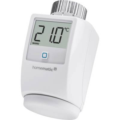 Biały, cyfrowy termostat grzejnikowy z wyświetlaczem pokazuje '21,0°C'. Na górze srebrny pokrętło, na dole nazwa marki 'homematic IP'.