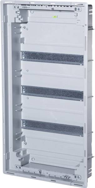 Pusta, plastikowa skrzynka bezpiecznikowa do montażu podtynkowego, bez przełączników lub złączy.