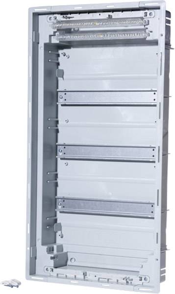 Pusty szary rozdzielacz elektryczny bez zainstalowanych modułów, przedstawiony z otwartą obudową, gotowy do montażu urządzeń elektrycznych.