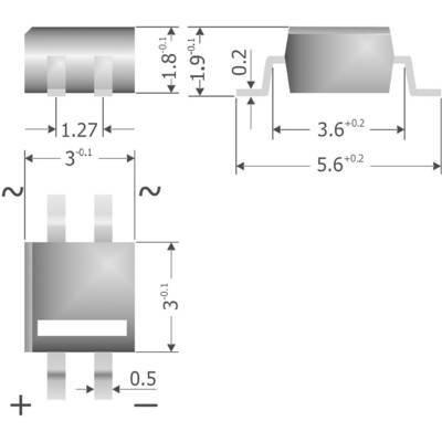 'Diagram elementu elektronicznego z wymiarami: wysokość 1,8-1,9 mm, szerokość 3,0-3,6/5,6 mm, wysokość styków 0,2-0,5 mm.'