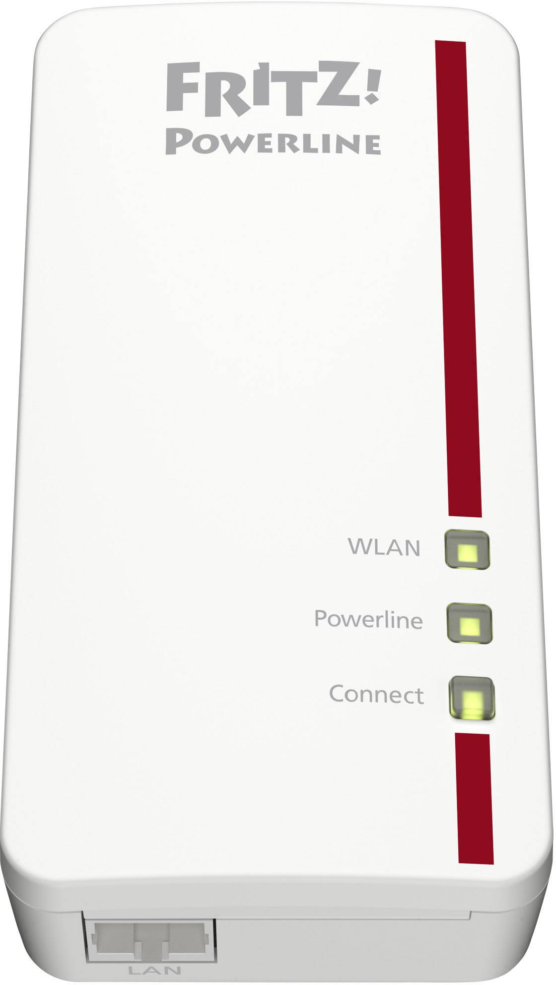 Adapter FRITZ! Powerline z trzema wskaźnikami świetlnymi oznaczającymi WLAN, Powerline i Connect. Po prawej stronie znajduje się czerwony pasek.