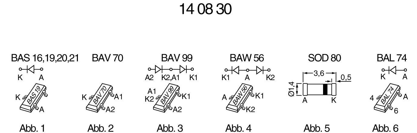 Schemat elektryczny z oznaczeniami i ilustracjami elementów elektronicznych: BAS, BAV, BAW, SOD, BAL. Pod każdym odpowiednie diagramy symboliczne.