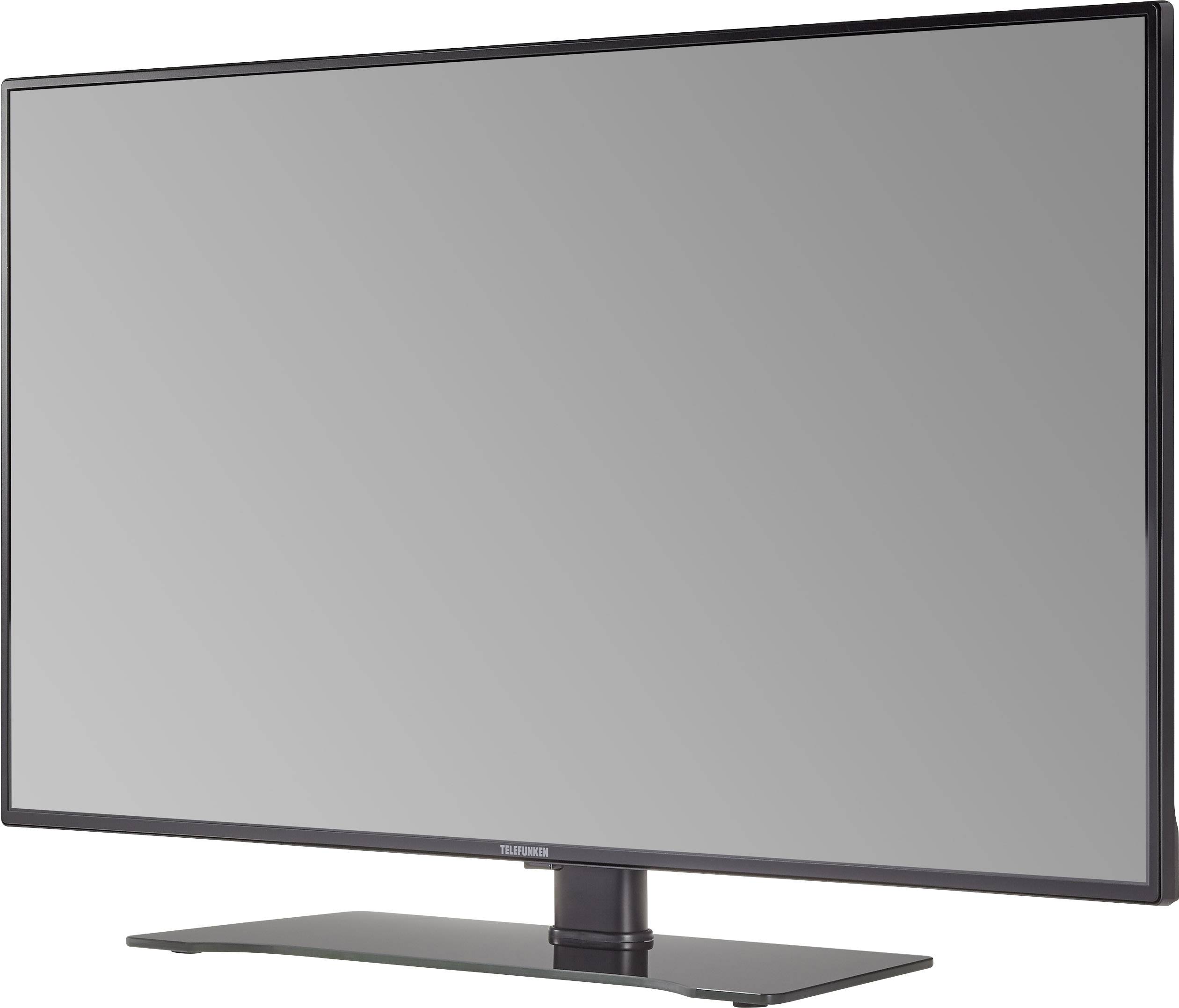 Płaski, czarny telewizor z dużym ekranem, umieszczony na prostokątnej podstawie.