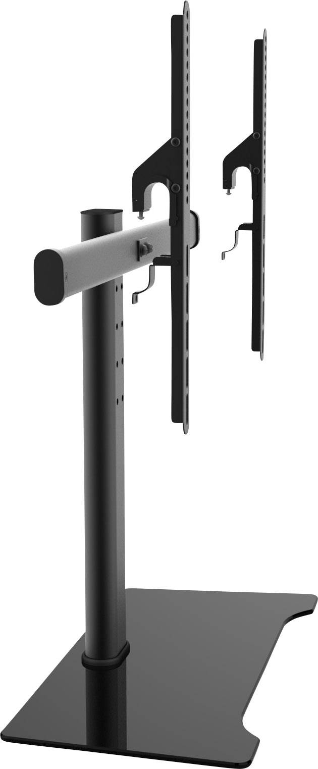 Czarny stojak telewizyjny z dwoma pionowymi uchwytami, zamontowany na stabilnej podstawie, przeznaczony do podtrzymywania płaskich ekranów.