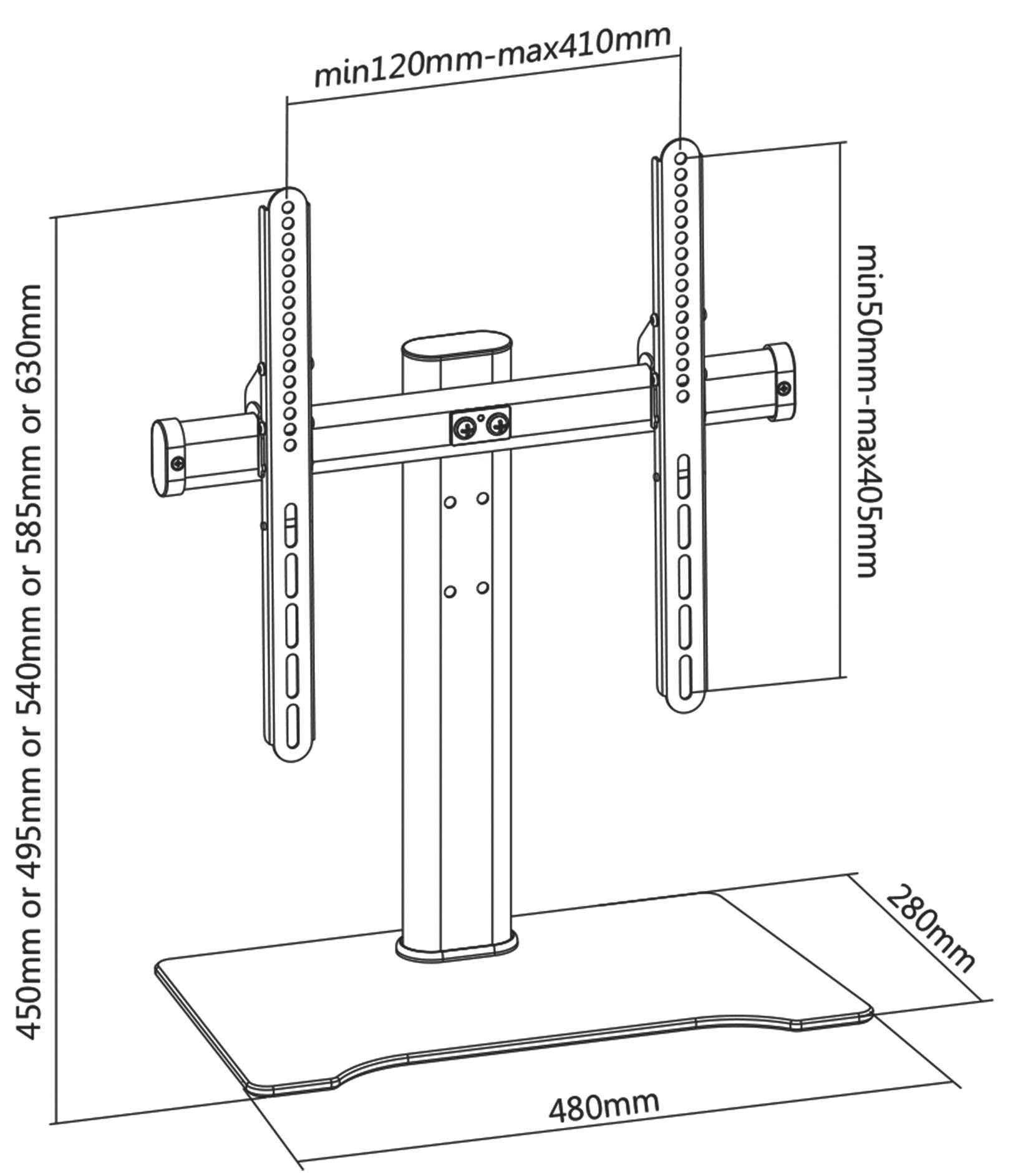 Rysunek regulowanego uchwytu do telewizora z wymiarami: szerokość 480 mm, wysokość 450-630 mm, głębokość 280 mm. Regulowane mocowania.
