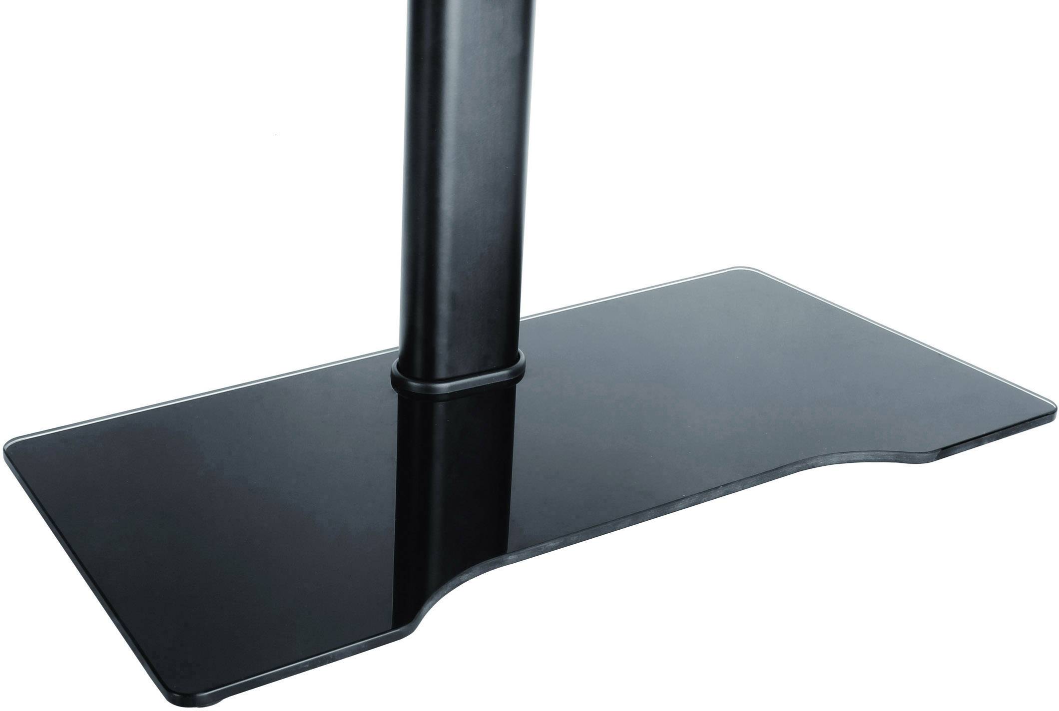 Czarna, prostokątna płyta podstawy z zaokrąglonymi narożnikami podtrzymuje pionowy metalowy słup.