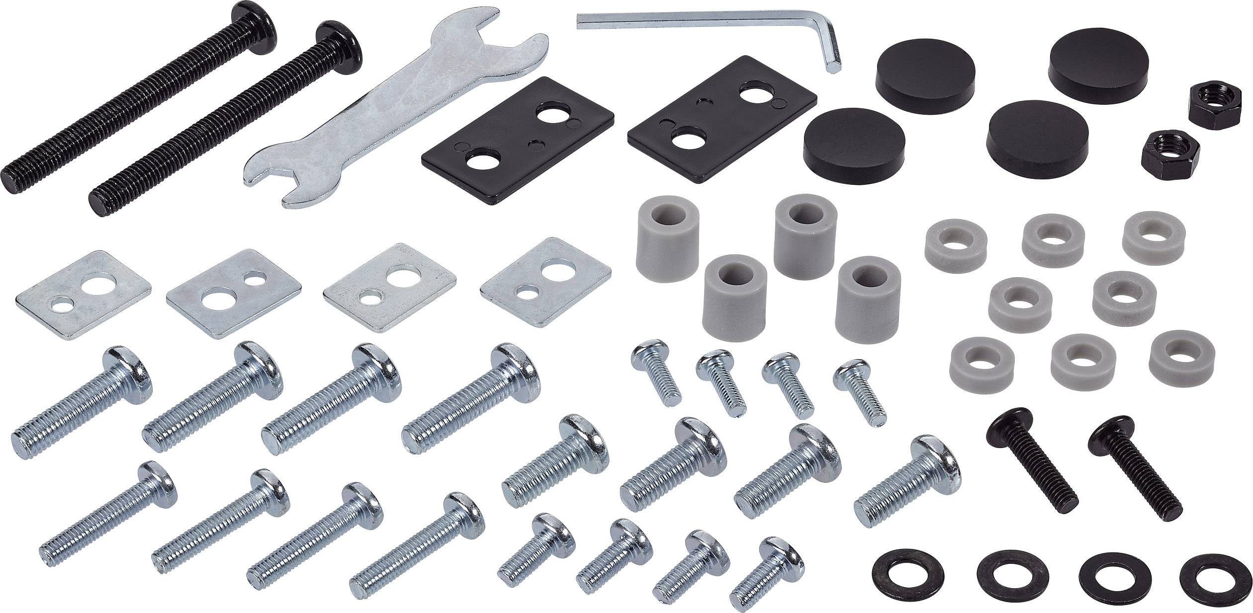 Zbiór różnych śrub, nakrętek, podkładek i narzędzi, takich jak klucz nastawny i klucz imbusowy.