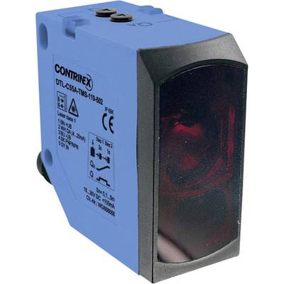 Niebieski czujnik odległości firmy Contrinex, model DTL-C55A-TM5-118-502, z oznaczeniem CE. Mierzy odległości w sposób optyczny.