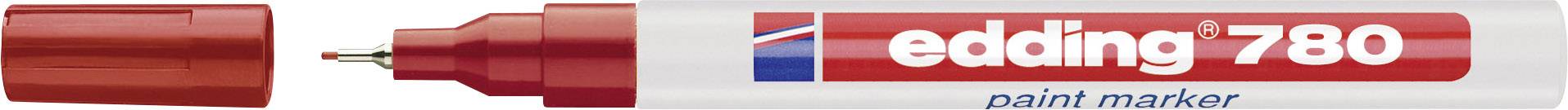 Czerwony marker permanentny Edding 780, z widoczną końcówką; odpowiedni do precyzyjnych, trwałych oznaczeń na gładkich, ciemnych materiałach.