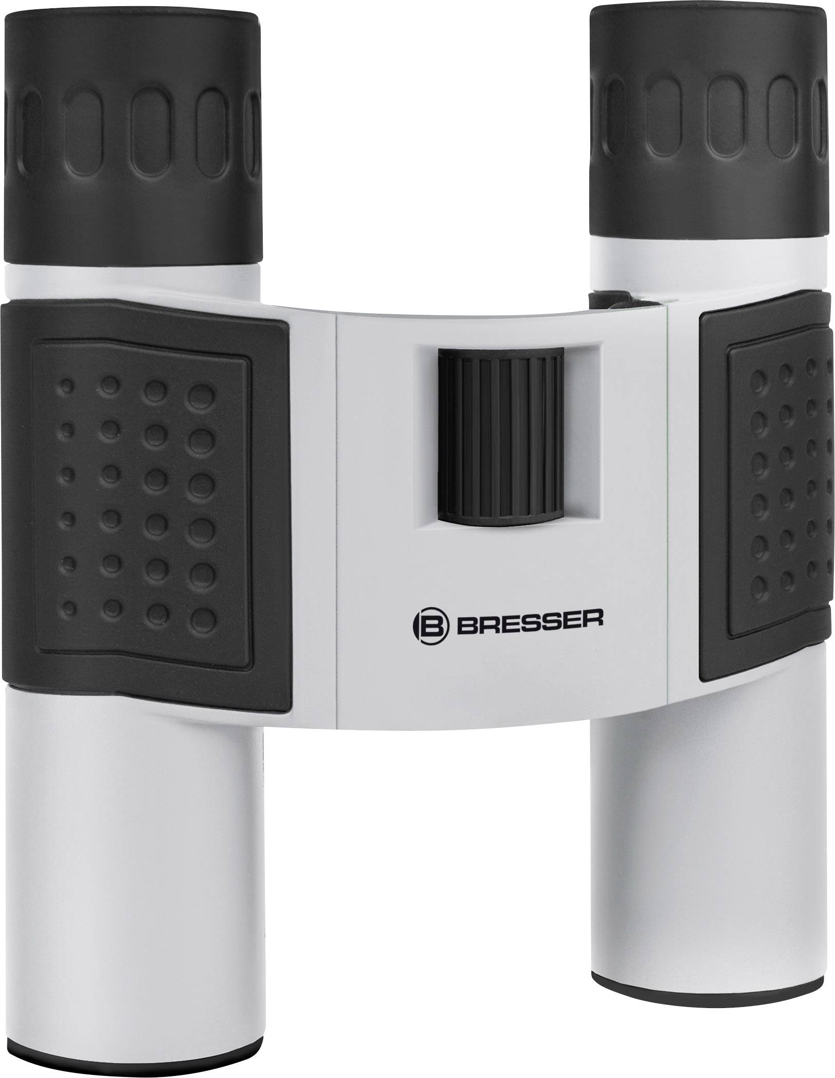Lornetka w czarno-szarej kolorystyce, z nazwą marki 'Bresser' na przedniej stronie. Nadaje się do aktywności na świeżym powietrzu oraz obserwacji ptaków.
