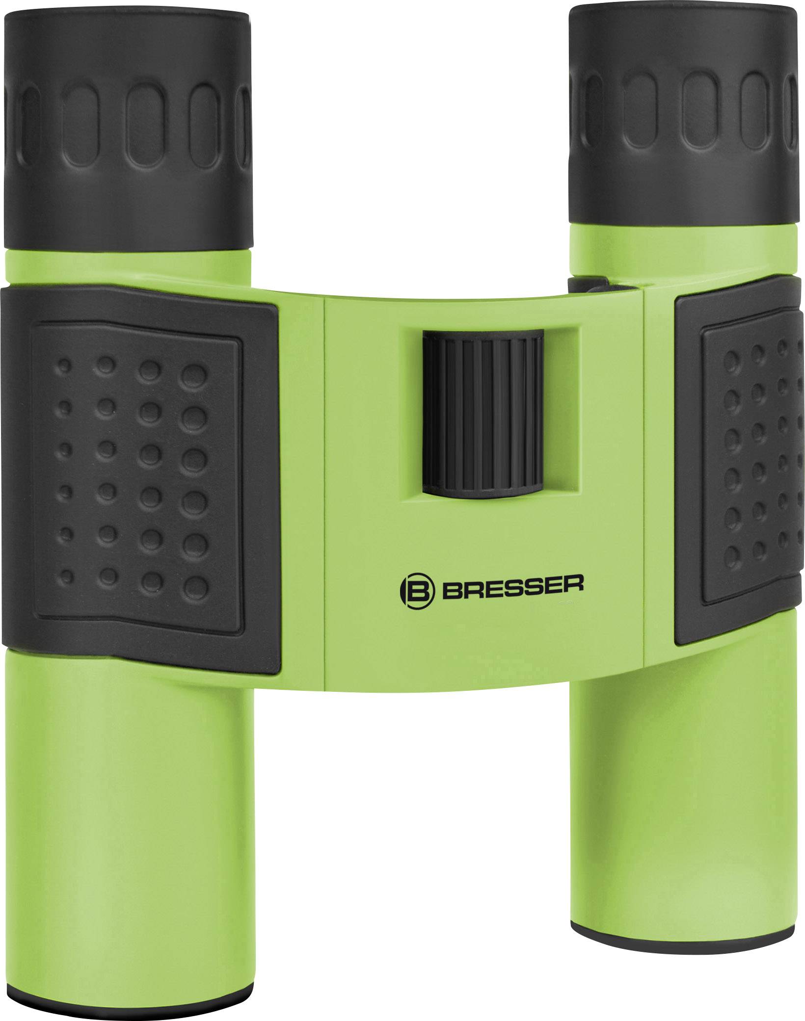 Zielona lornetka z czarnym gumowym pokryciem. Na środku widnieje logo 'Bresser'.