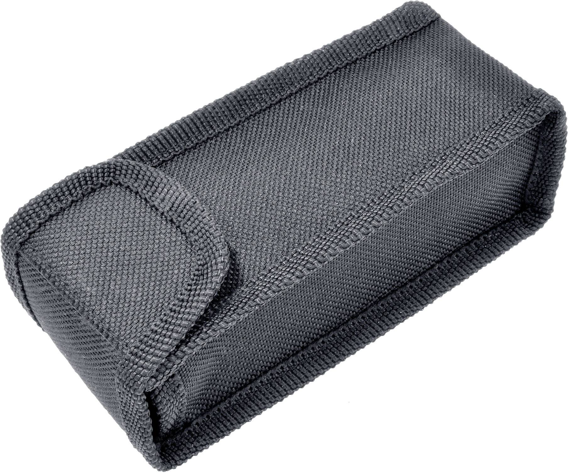 Czarna, prostokątna torba materiałowa z zapięciem na rzep, odpowiednia do przechowywania małych przedmiotów.