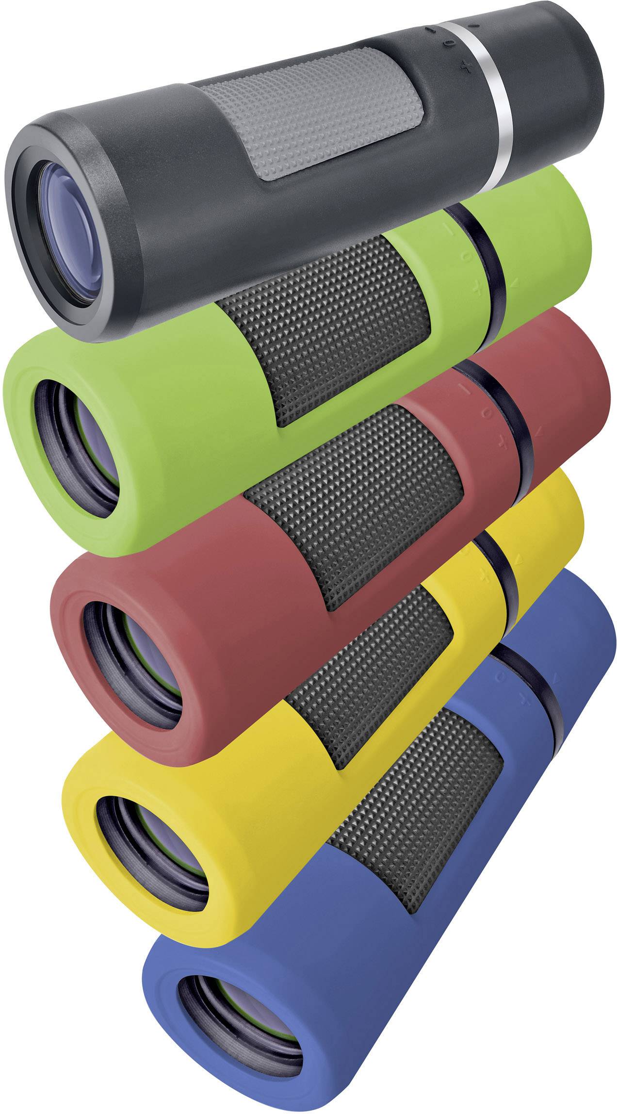 Pięć monokulárów w różnych kolorach (czarny, zielony, czerwony, żółty, niebieski) ułożonych w stos. Każdy posiada strukturyzowaną strefę uchwytu.