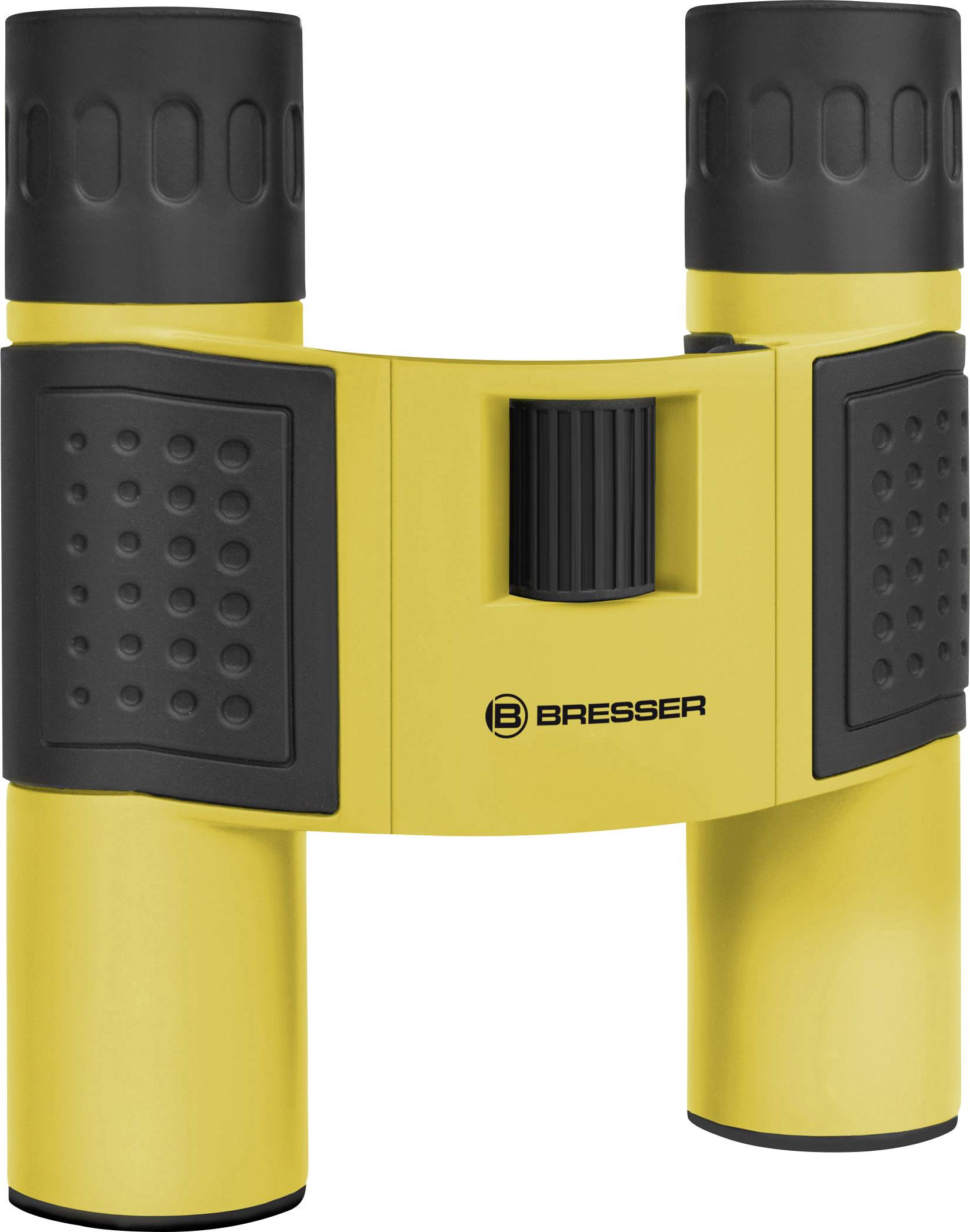 Żółta lornetka z czarnym uchwytem i logo marki 'Bresser' na przedniej stronie.