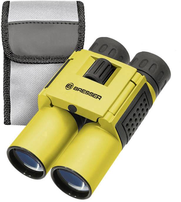 Żółta lornetka z czarnym przyciskiem fokusa, obok szarej torby.