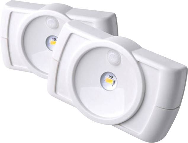 Dwa białe, prostokątne nocne lampki LED z czujnikiem ruchu, ułożone jedna nad drugą.