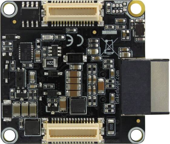 Elektroniczna płytka drukowana z różnymi chipami i złączami, w tym portem Ethernet.