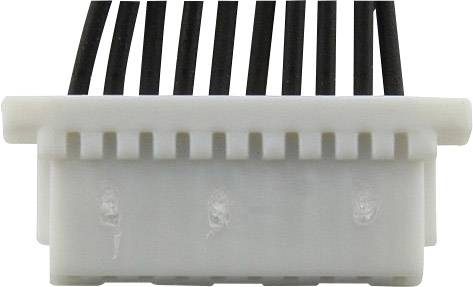 Biały, prostokątny wtyk z tworzywa sztucznego z siedmioma czarnymi przewodami wyprowadzonymi na zewnątrz. Wtyk przypomina złącze żeńskie.