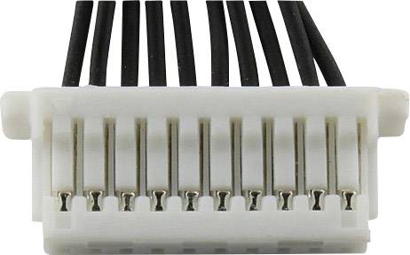 Biały, wielobiegunowy wtyk elektryczny z czarnymi przewodami. Wtyk posiada dwanaście metalowych styków ułożonych w jednym rzędzie.