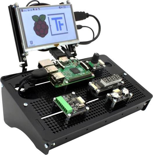 System Raspberry Pi z podłączonym wyświetlaczem, na którym widoczne jest logo Raspberry Pi oraz dodatkowe logo. Kilka modułów zamontowanych jest na wsporniku.