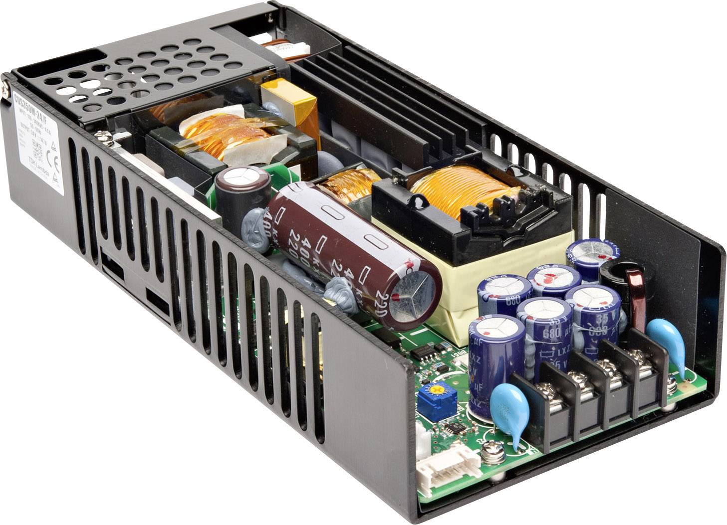 Elektroniczny podzespół z kondensatorami i systemem chłodzenia, będący częścią zasilacza impulsowego. Kluczowy dla zasilania urządzeń elektrycznych.