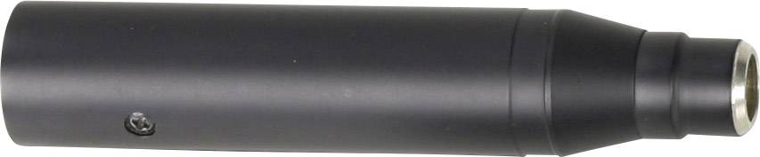 'Czarny adapter o kształcie cylindrycznym, z wkrętem z boku i metalowym otworem na końcu, prawdopodobnie przeznaczony do połączeń audio lub elektronicznych.'