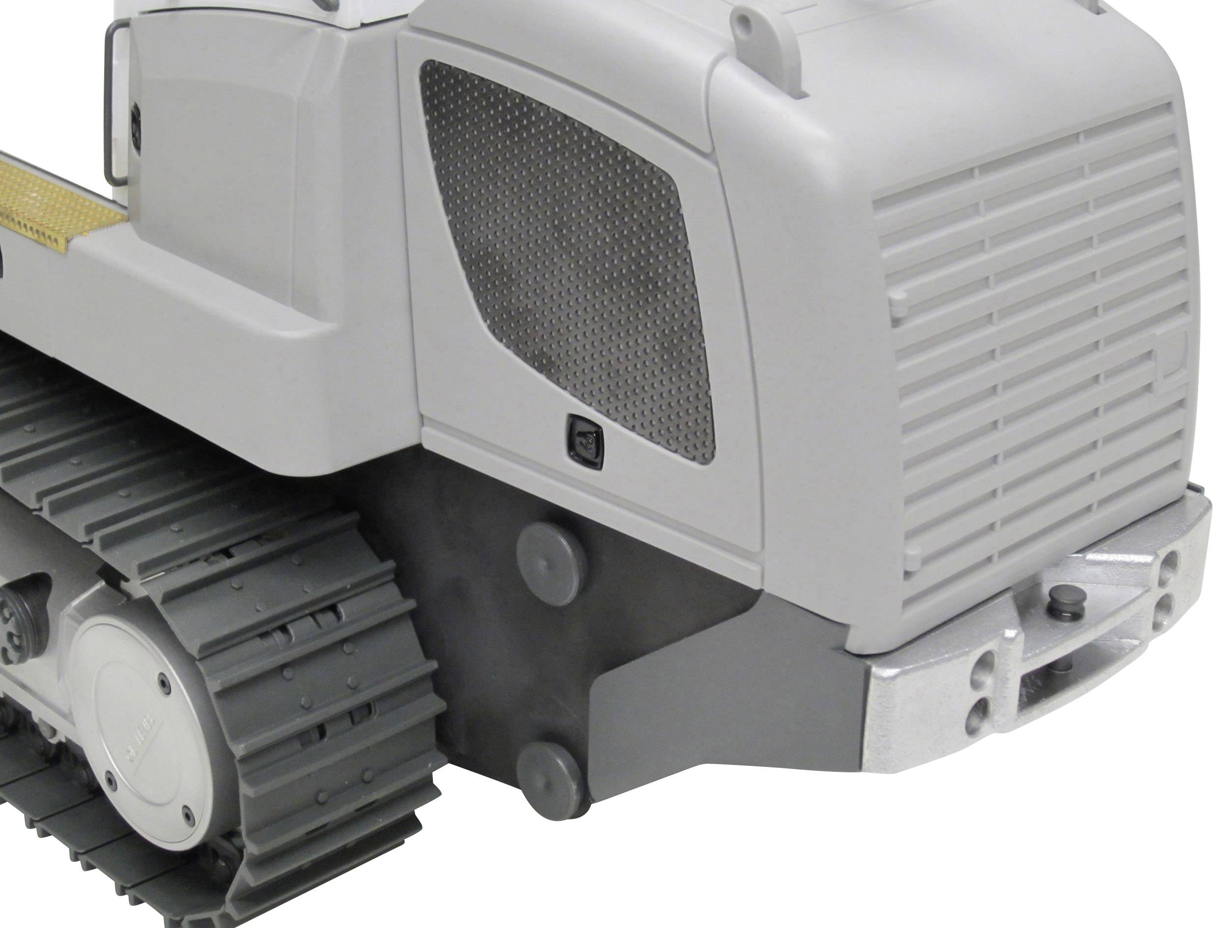 Szary element dużego pojazdu gąsienicowego, zbliżenie tylnej części z widocznymi szczegółami struktury i projektu.