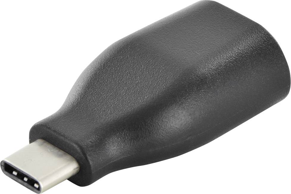Czarny adapter USB-C do połączeń urządzeń, oferujący prosty dostęp do konwersji różnych typów złączy w kompaktowej obudowie.