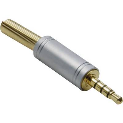 Metalowy wtyk audio z srebrną obudową i pozłacannym wtykiem. Posiada kilka pierścieni do rozdzielenia styków.