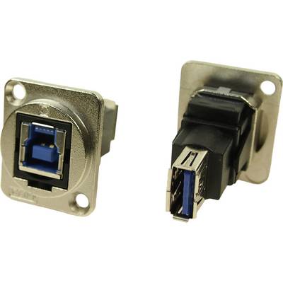 Dwa złącza metalowe USB 3.0. Po lewej: gniazdo z kwadratową metalową ramką. Po prawej: wtyk z czarną obudową z tworzywa sztucznego.