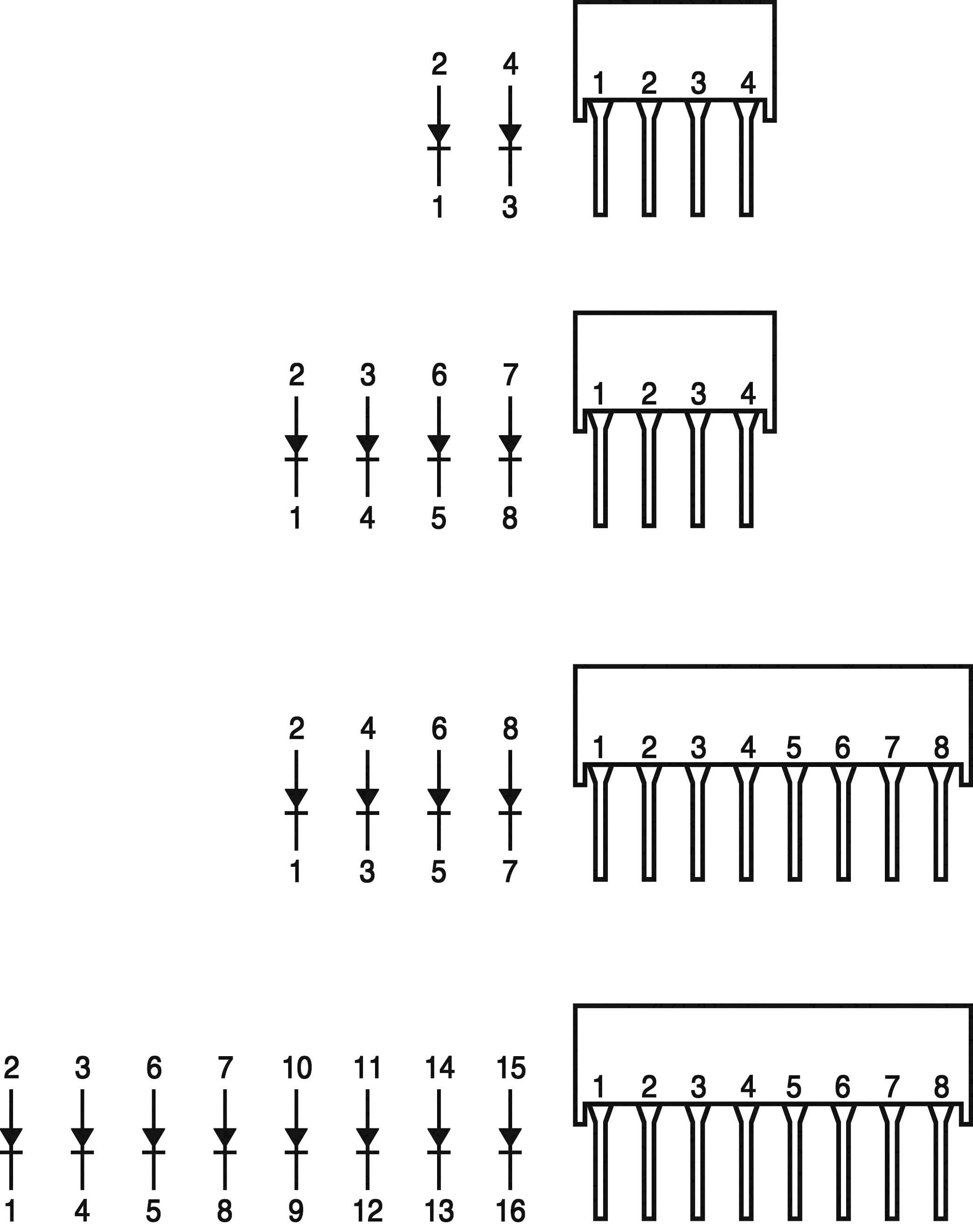 Rysunek przedstawia plany rozmieszczenia styków złączy o różnej liczbie pinów. Każdy plan pokazuje przyporządkowanie styków do numerów.