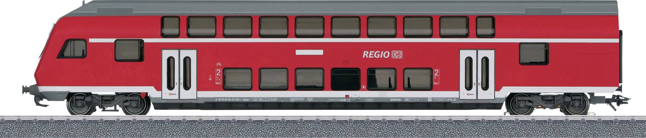 Dwupiętrowy czerwony pociąg regionalny Deutsche Bahn na odcinku torów, widok z boku.