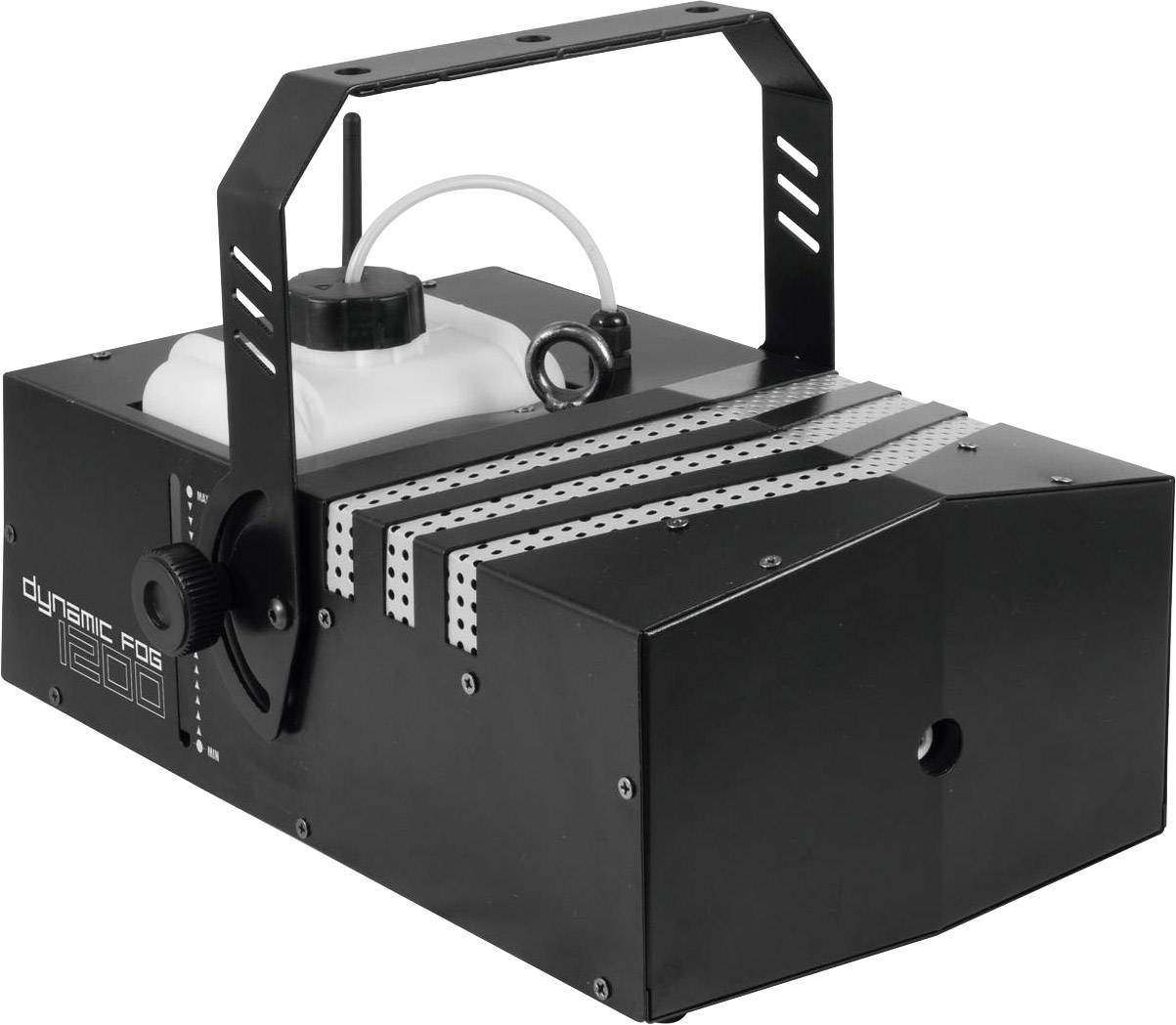 Czarna maszyna do wytwarzania mgły z uchwytem i zbiornikiem na płyn u góry. Wytwarza mgłę do efektów scenicznych.