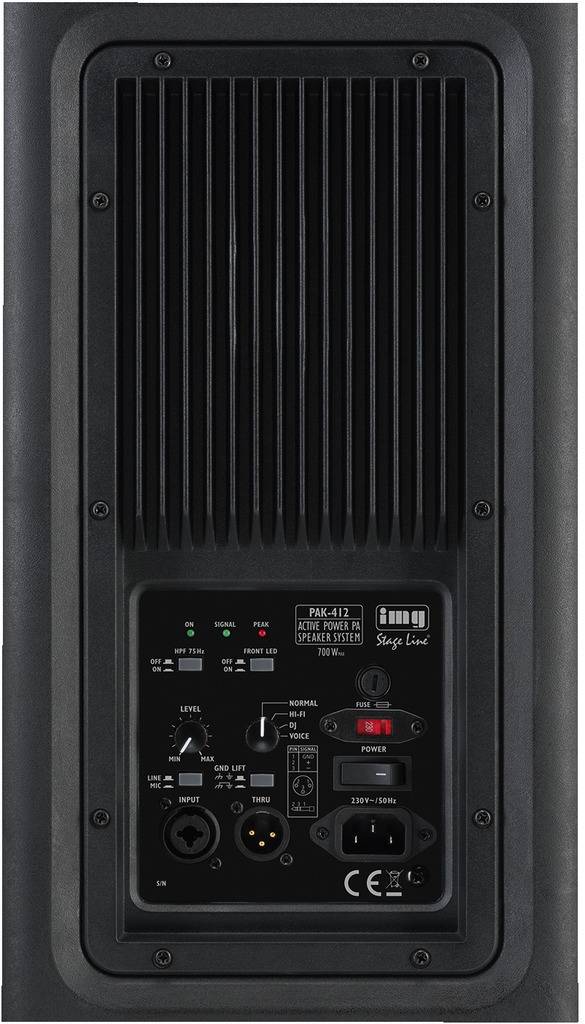 Tylna strona głośnika z gniazdami i regulatorami do dostosowania poziomu sygnału i głośności. Widoczne informacje producenta.