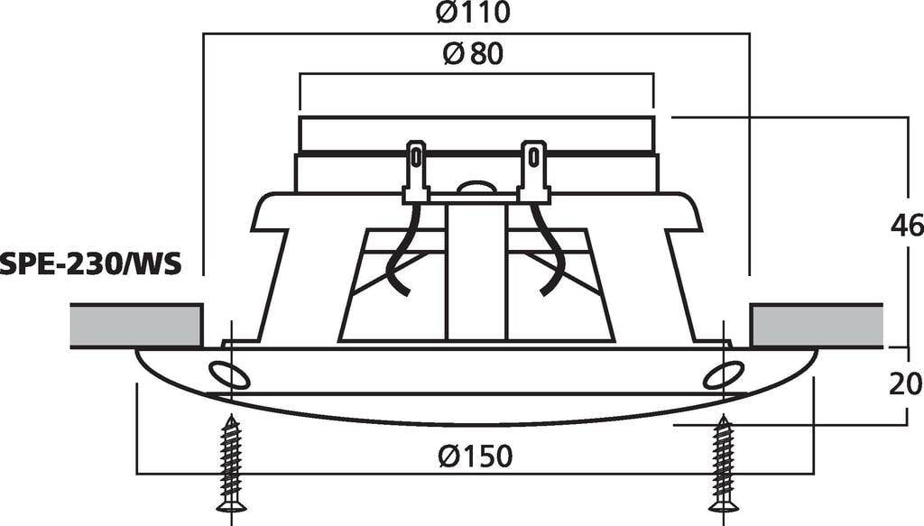 Rysunek techniczny głośnika, model SPE-230/WS, o wymiarach: średnica górna 80 mm, całkowita 110 mm, dolna 150 mm; wysokość 46 mm.