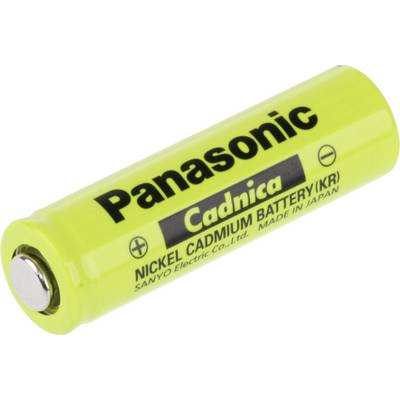 Żółto-zielona bateria niklowo-kadmowa z napisem 'Panasonic Cadnica' widoczna z boku.