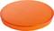 Okrągły, pomarańczowy, żłobiony plastikowy spodek lub pokrywka, prawdopodobnie przeznaczony do użytku domowego.