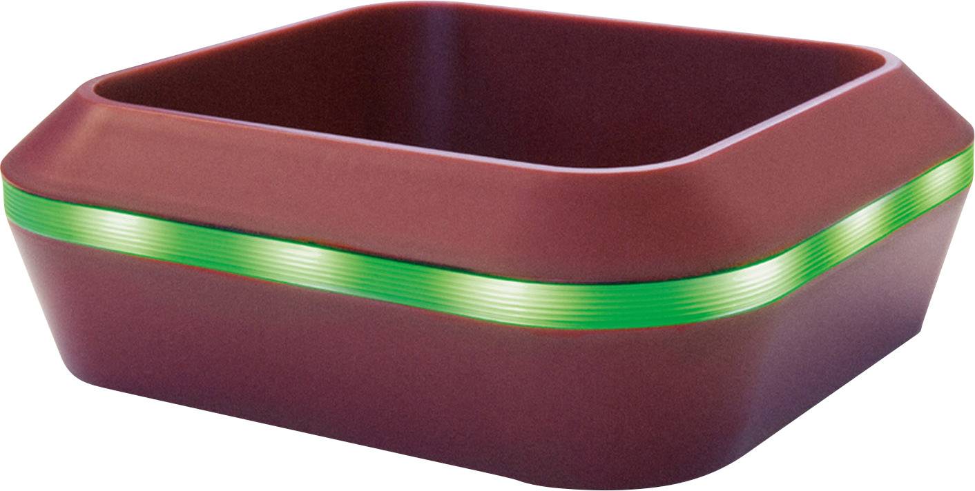 Brązowa miska z zielonym paskiem pośrodku, w kształcie kwadratu, o gładkiej powierzchni.
