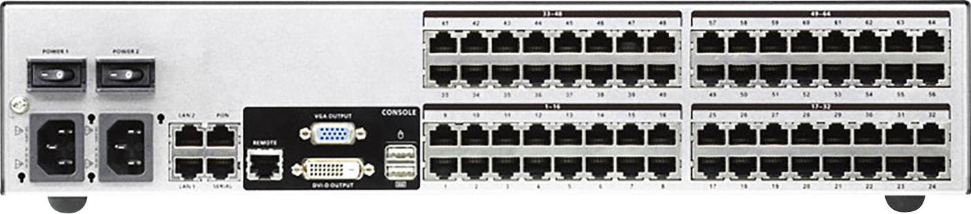 Tył przełącznika sieciowego z wieloma złączami Ethernet, gniazdami kabli zasilających oraz portami konsoli do połączeń sieciowych.